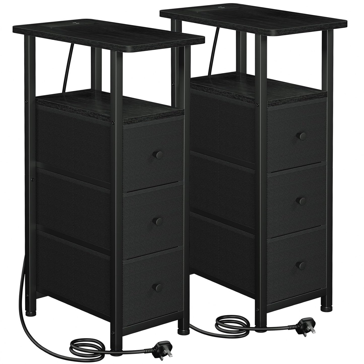 LOAKEKEL Slim Bedside Table Set of 2 with Charging Station, Narrow Side Table with 3 Fabric Drawers, Sofa Table with Open Storage Shelf, Nightstand