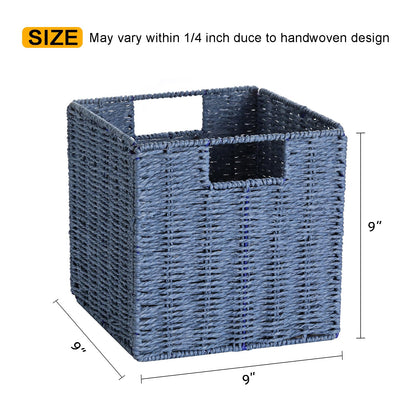 Vagusicc Wicker Storage Basket, Set of 2 Handwoven Paper Rope Collapsible Woven Baskets, 9'' x 9'' x 9'' Cube Storage Bins with Handle