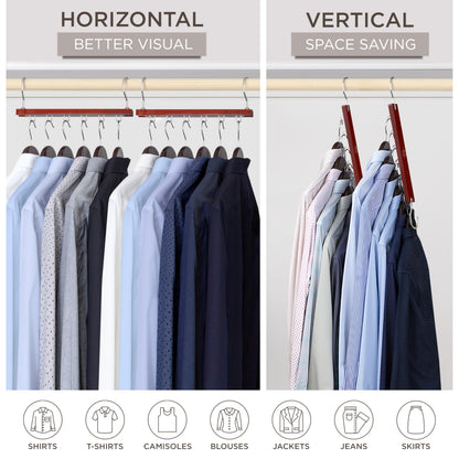MORALVE Space Saving Hangers for Wardrobe – 4 Pack European Beechwood 6-Tier Shirt Organiser with 360° Swivel Hook