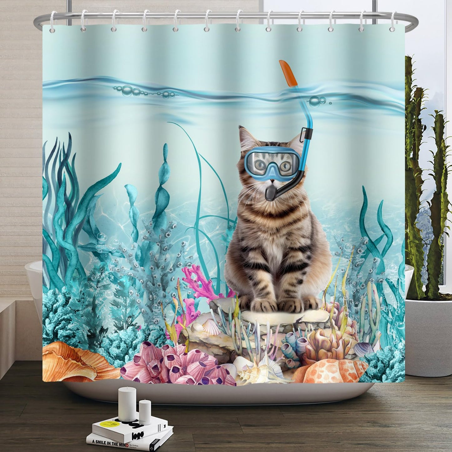 SDOTPMT 180x180cm Funny Cat Shower Curtain Cute Kitten Diving in Teal Blue Ocean Sea Coral Marine Alga Bathroom Curtain Waterproof Fabric Polyester
