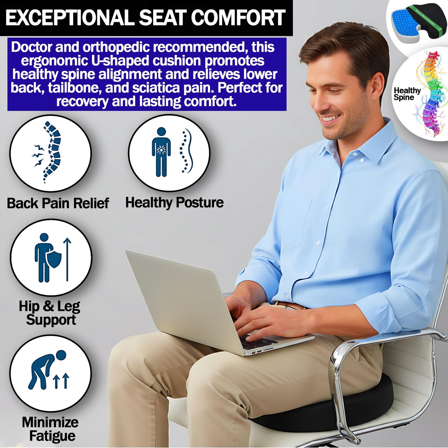RKINC Orthopedic Memory Foam Seat Cushion, Relief for Sciatica, Back and Tailbone Coccyx Pain, Support Pad with Washable Cover