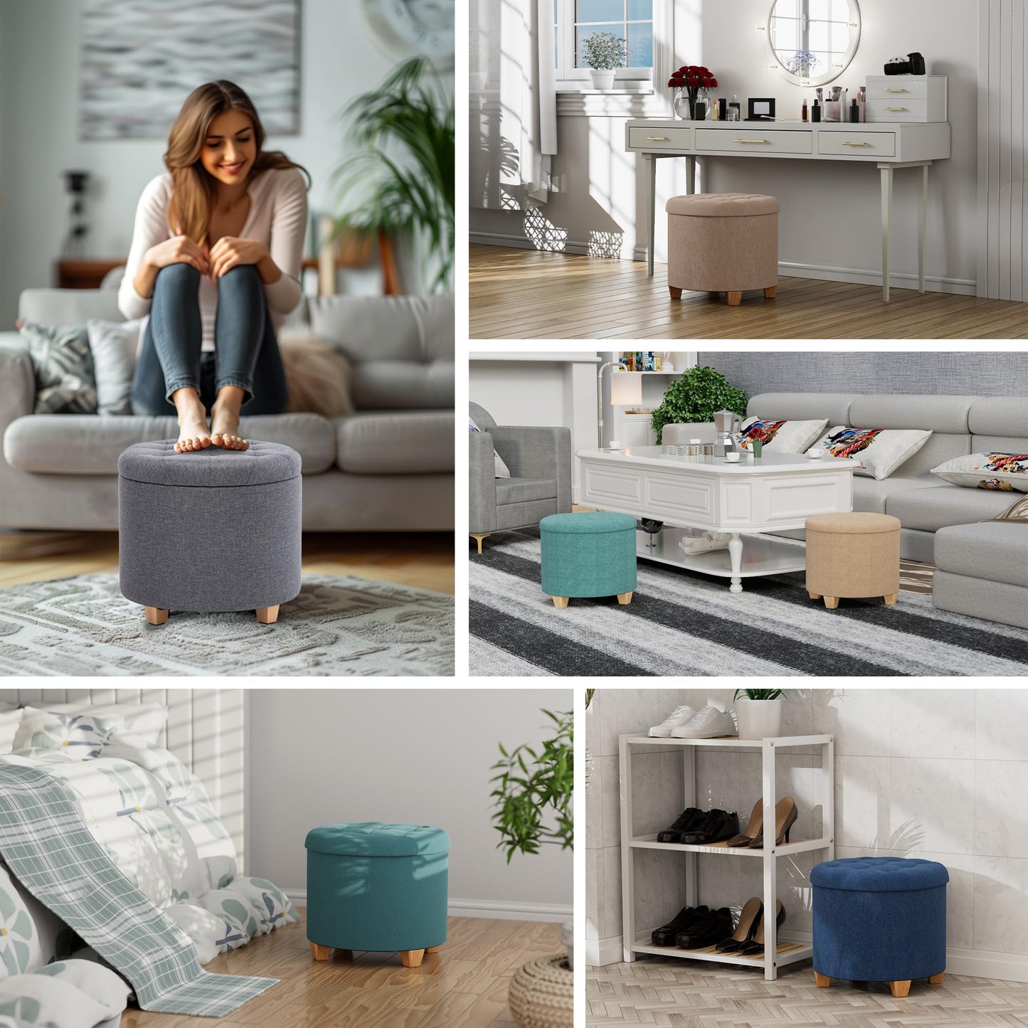 HNNHOME 45cm Round Linen Padded Seat Ottoman Storage Stool Box, Footstool Pouffes Chair with Lids (Pearl River)