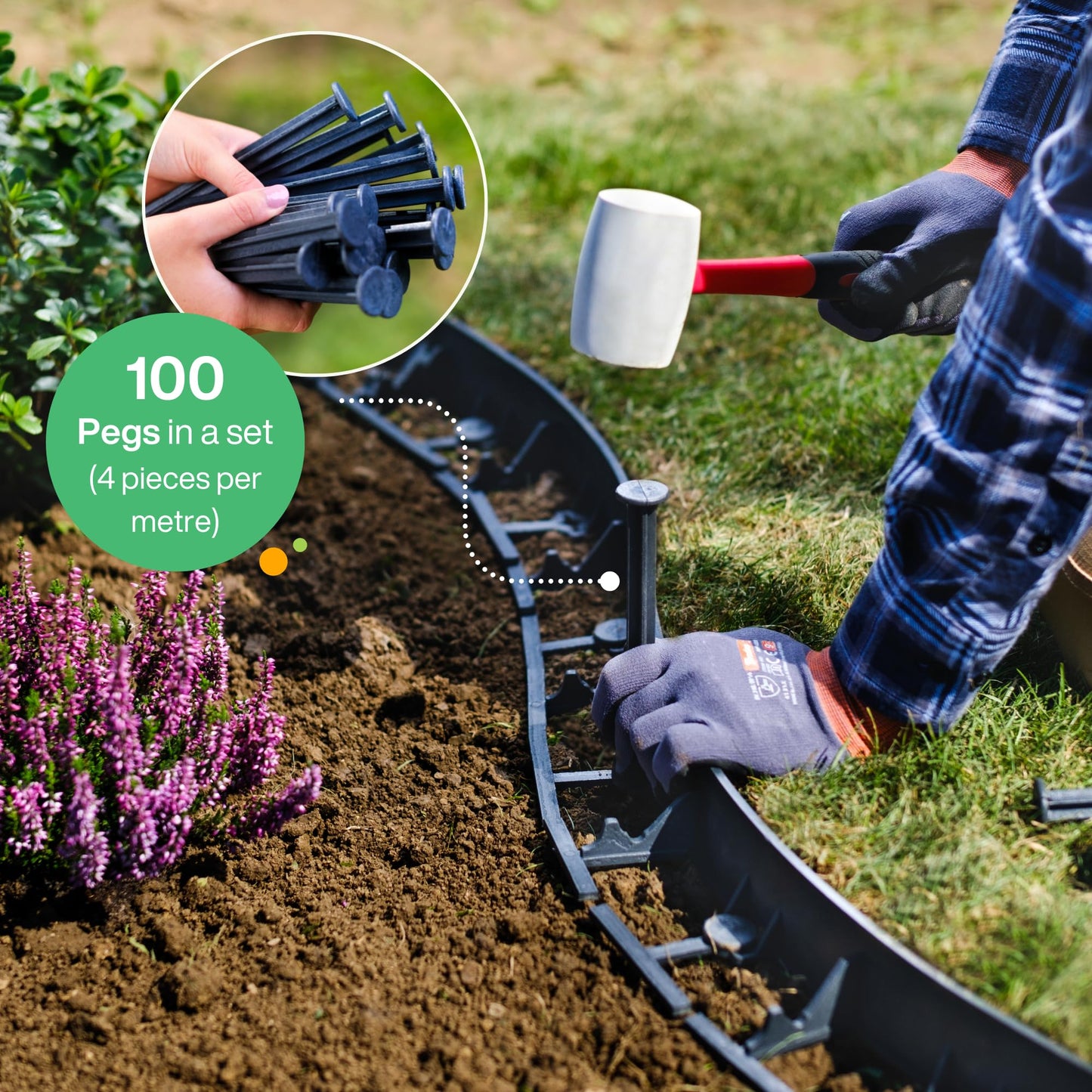 Flexible Lawn Edging 24 m - Invisible Plastic Garden Edge with 100 Securing Pegs - Easy to Use, Weather Resistant - Grass, Flowerbed & Path Border