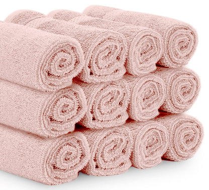White Classic Luxury Cotton 12 Pcs Flannel Set, Hotel Style Face Cloth 33x33 cm, Soft Plush Bathroom Face Towel Pack of 12, Pink