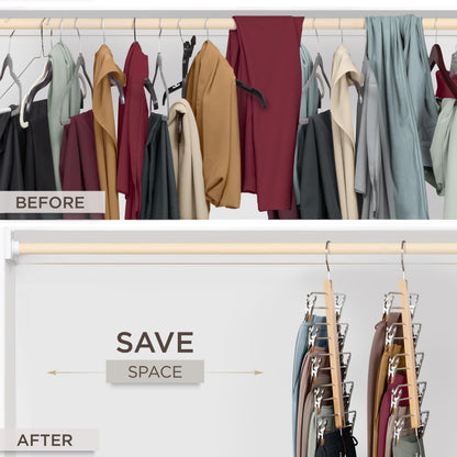 MORALVE Skirt Hangers Space Saving with Clips - 2 Pack - European Beechwood 5-Tier Hanger for Shorts, Skirts, and Trousers