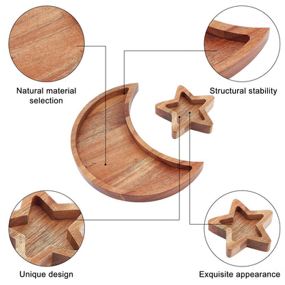 INFUNLY Star+Moon Wooden Crystal Holder Wooden Crystal Organizer Tray Acacia Wood Trinket Dish for Rocks Jewelry Healing Crystals Storage