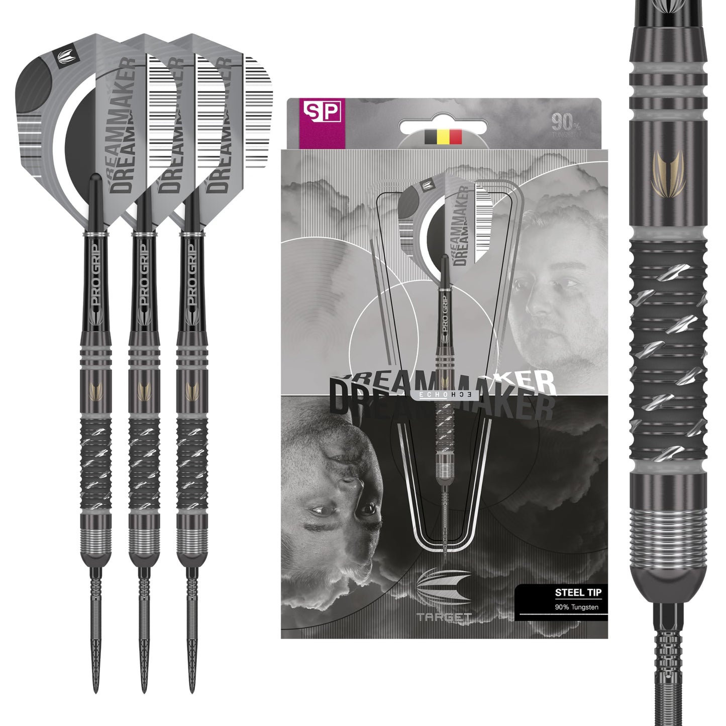 TARGET Darts Dimitri Van Den Bergh x ECHO 90% Tungsten Steel Tip Darts Set ? 23g Steel Tip Dart Set, Swiss Point Darts, SP Tool Included, Player