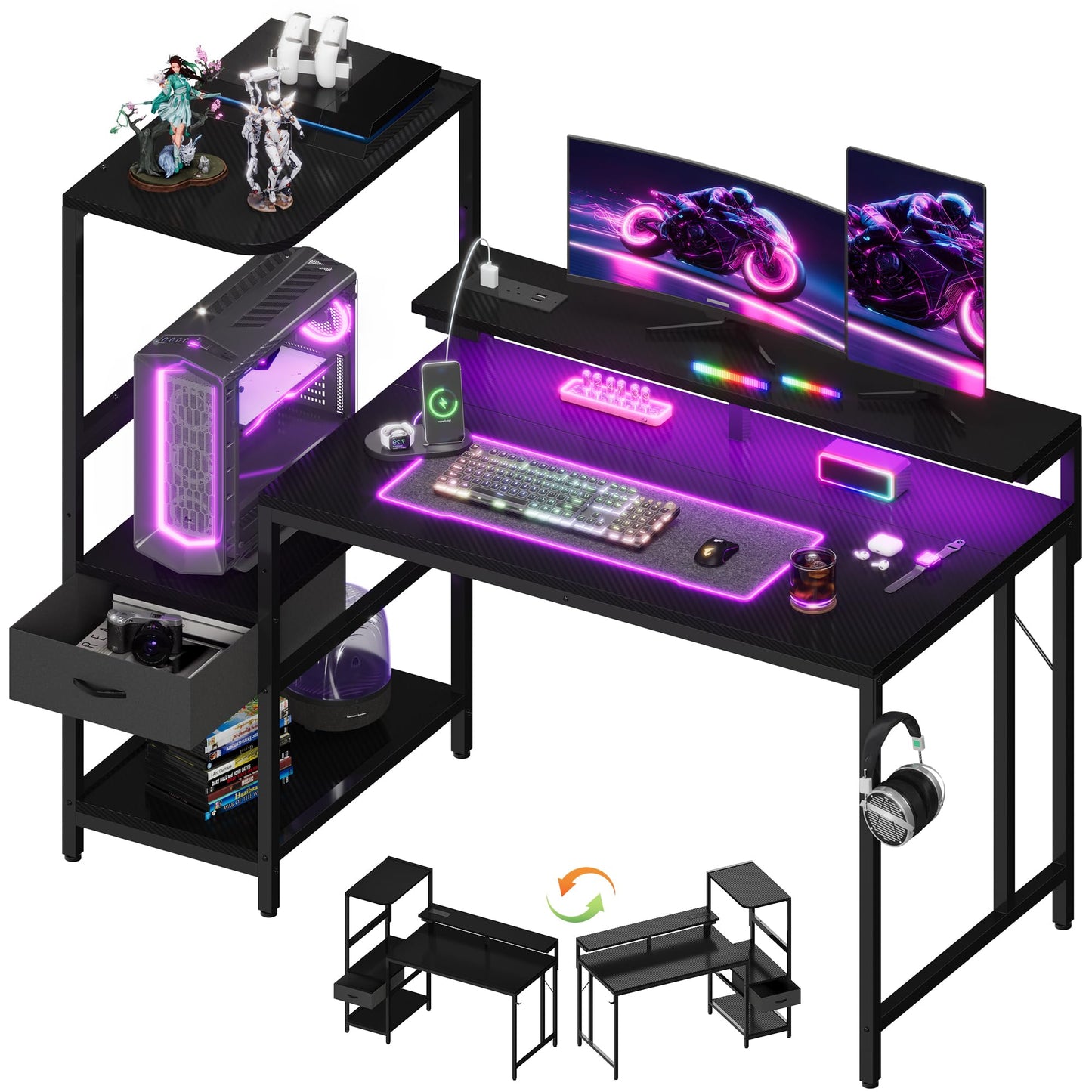 JUMMICO 120×60cm Gaming Desk with Power Outlet & LED Lights, Reversible L-Shaped Computer Desk with Monitor Stand, Storage Drawer & Shelves