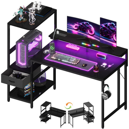 JUMMICO 120×60cm Gaming Desk with Power Outlet & LED Lights, Reversible L-Shaped Computer Desk with Monitor Stand, Storage Drawer & Shelves
