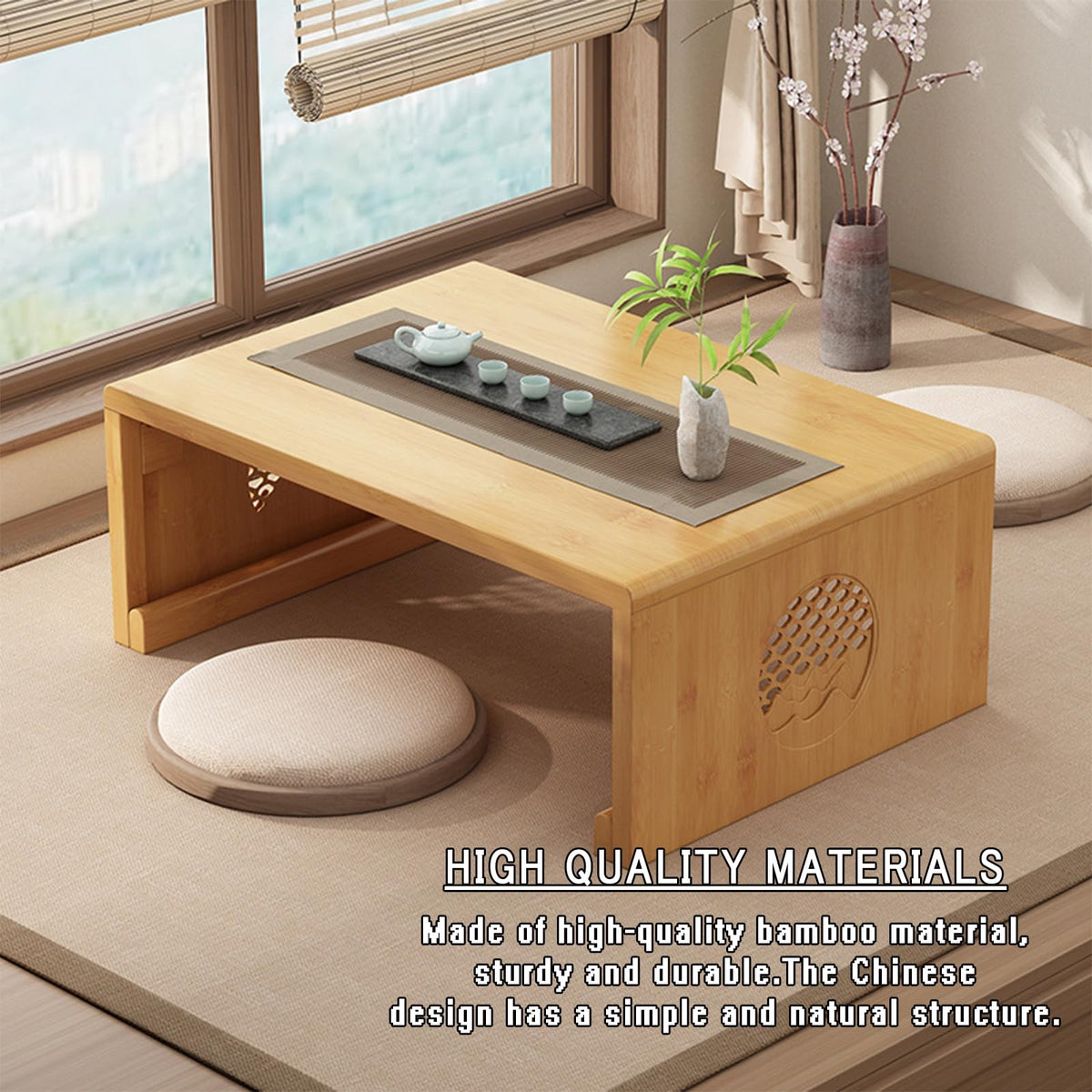 JIANCNGU Bamboo Chinese Tea Floor Table Japanese Foldable Coffee Table Altar Table For Meditation Low Portable Collapsable Tatami Table for Living