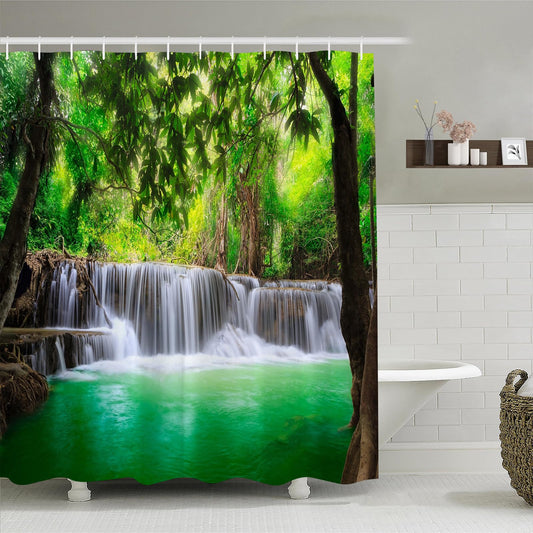 Simpomsy Outdoor Shower Curtain For Garden Green Lake Summer Waterfall In Forest Woodland Nature Jungle Scenery Art Printing Summer Bath Curtain With