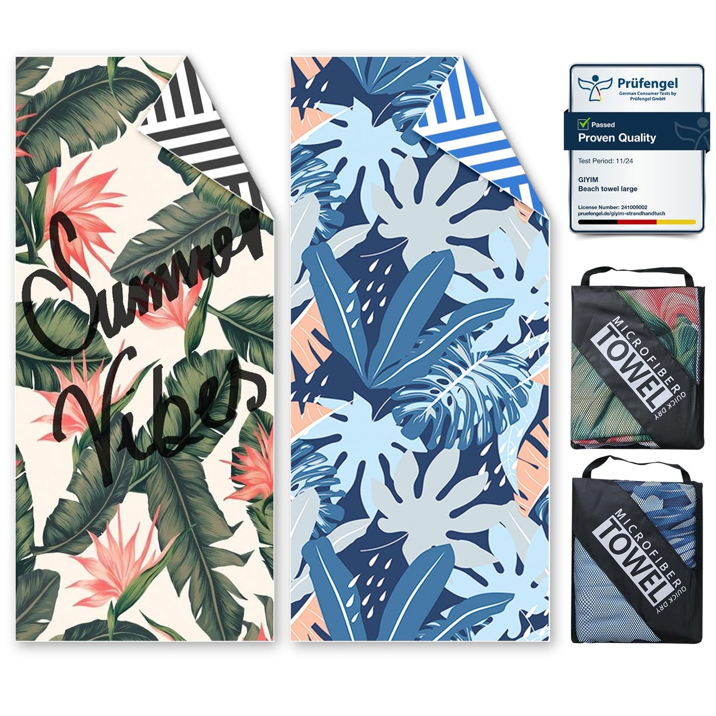 Beach Towels For Adults Extra Large - 2 Pack 200x90cm Lightweight microfibre beach towel with Mesh Bags, Double Sided Sand Free Absorbent Quick Dry