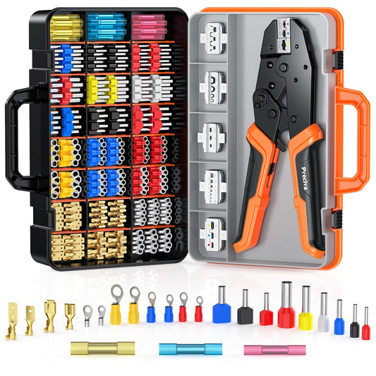 Crimping Pliers Set with Box,Preciva 0.25-10m? Ratcheting Wire Crimper Tool Set for Heat Shrink,395PCS Ferrule Terminals with 6 Heads for Quick Change