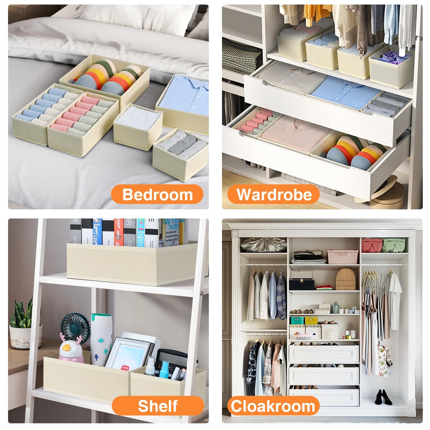 DIMJ 4Pack Underwear Drawer Organiser Sock Storage Dresser Dividers, Beige