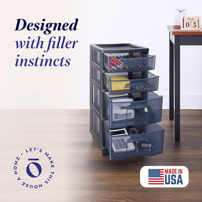 HOMZ Drawer Tower, 4-Tier Clear Plastic Storage Organizer Cart, Black Frame - Rolling Drawer Containers with Wheels for Bathroom, Bedroom, Office