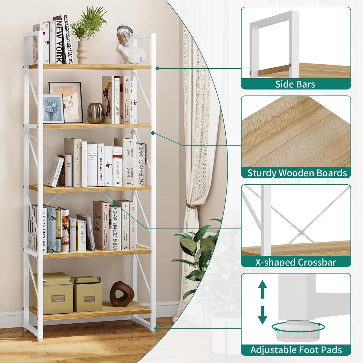 YITAHOME Bookshelf, 5 Tiers Bookcase Tall Book shelf with Metal Frame, Industrial Display Storage Rack