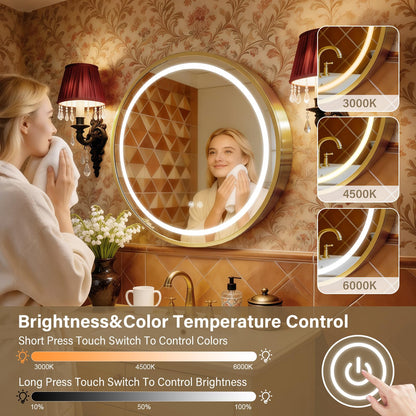 KAASUNES Round Mirror Cabinet with Light,Aluminum Framed,3 Colors Temperature&Dimmer,USB Shaver Socket,Defogger,66cm,Gold