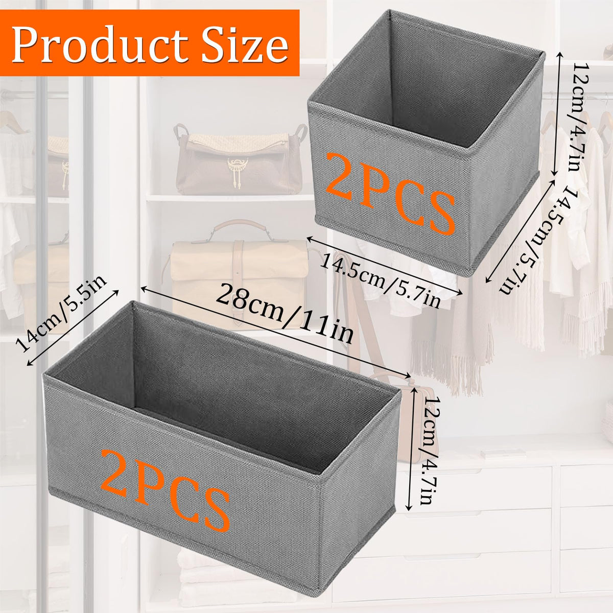X-YSUNEAS Collapsible Fabric Storage Organizer Bins, 2 Size Foldable Closet Drawer Storage Boxes, 28×14×12cm & 14.5×14.5×12cm