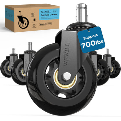 WEWILL Office Chair Wheels, 11 x 22 mm, Set of 5, Gaming Chairs, Carpet & Parquet, Quiet, No Mat Required