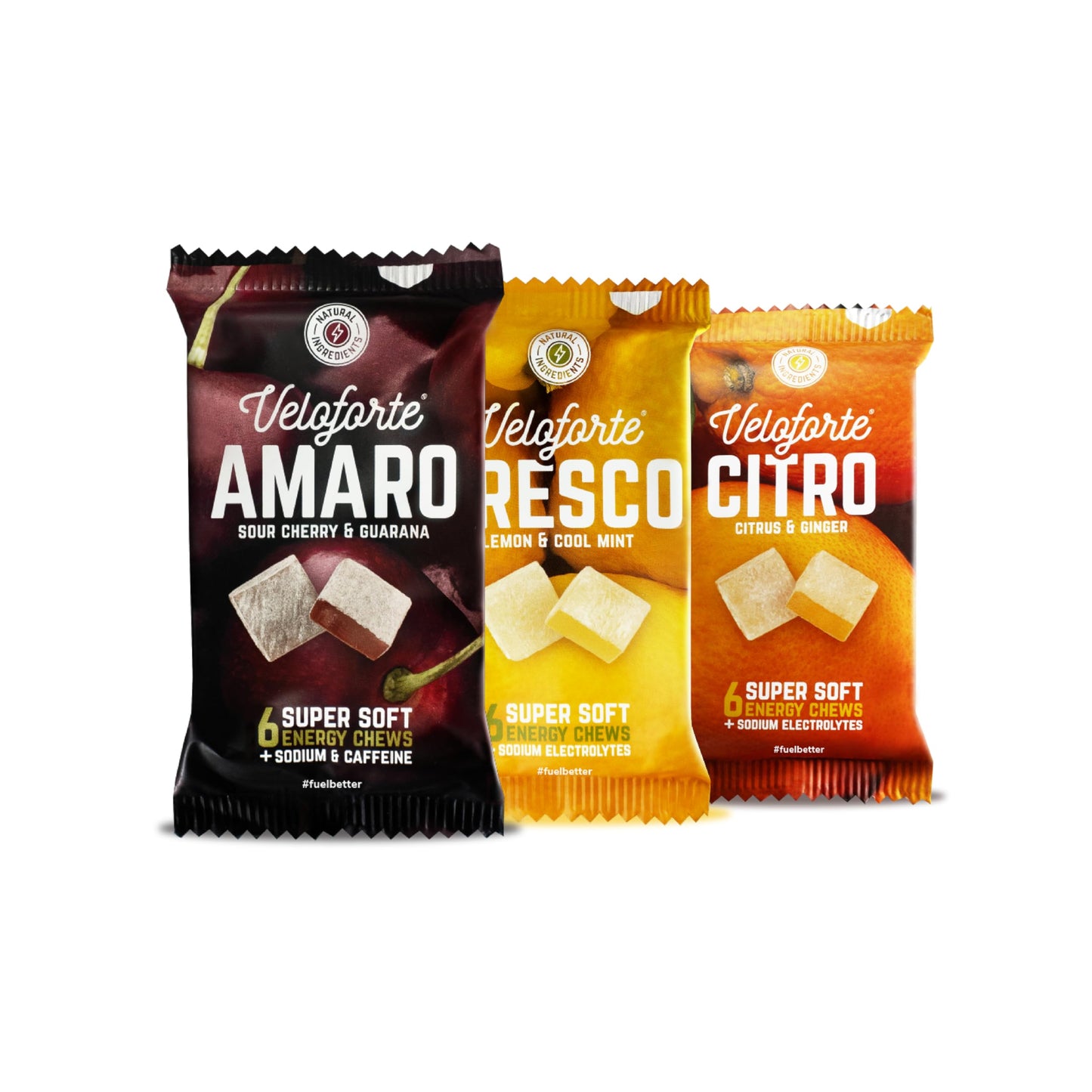 Veloforte Mixed Flavours Natural Energy Chews, 24 Pack,42g-44g Fast Release Dual Source Carbs with Electrolytes, Vegan & Gluten Free for Cycling,