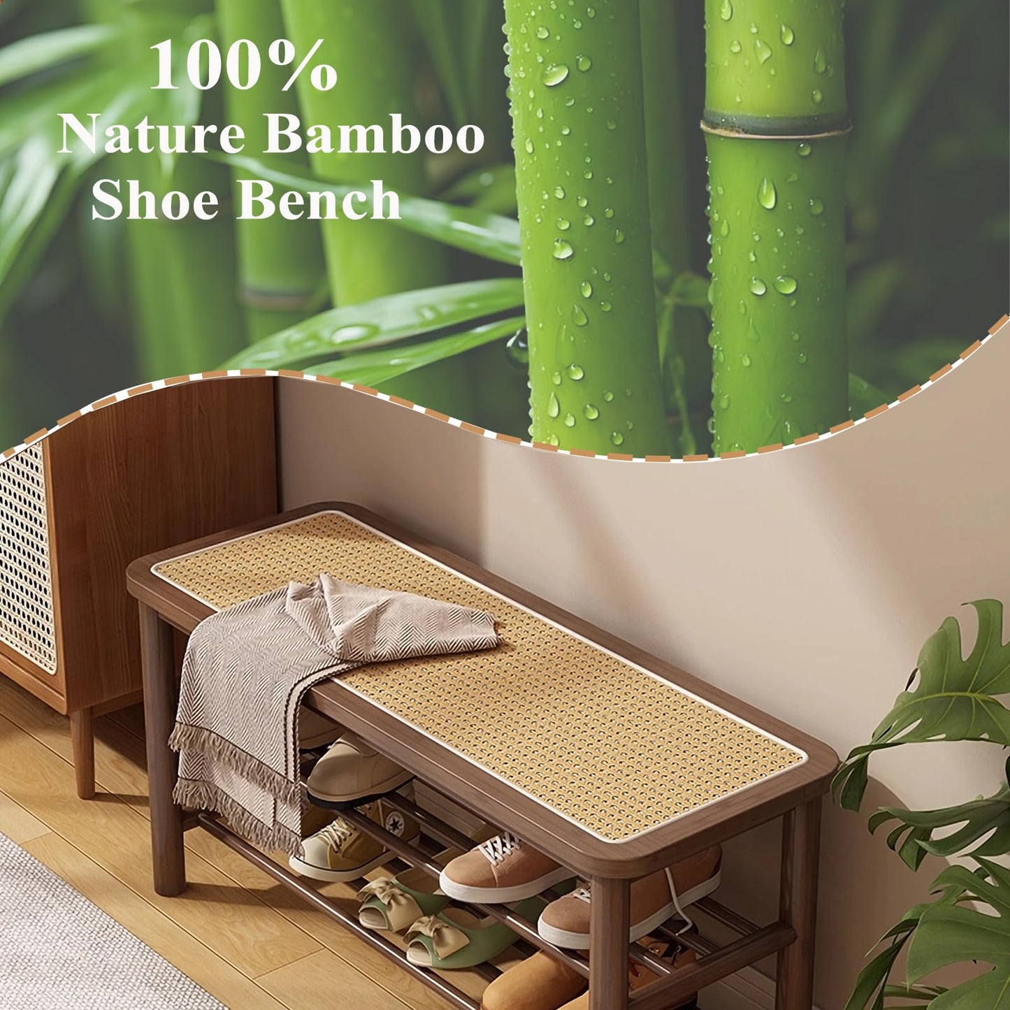 SOBIBO Bamboo Shoe Rack Bench with Rattan Seat, 3-Tier Shoe Storage Bench, Entryway Bench for Hallway, Walnut-31.5 inches