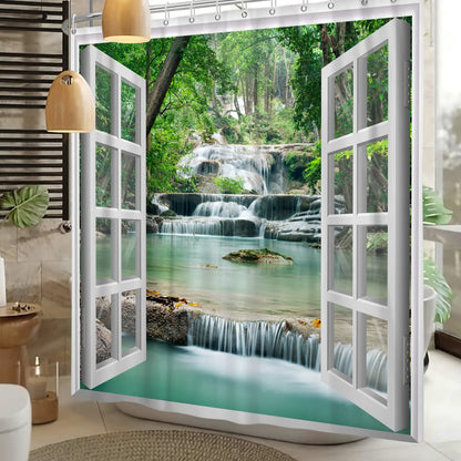 SDOTPMT 180x180cm Window View Shower Curtain Spring Waterfall Trees Natural Scenery Wilderness Landscape Bath Curtain White Window Picture Modern Art