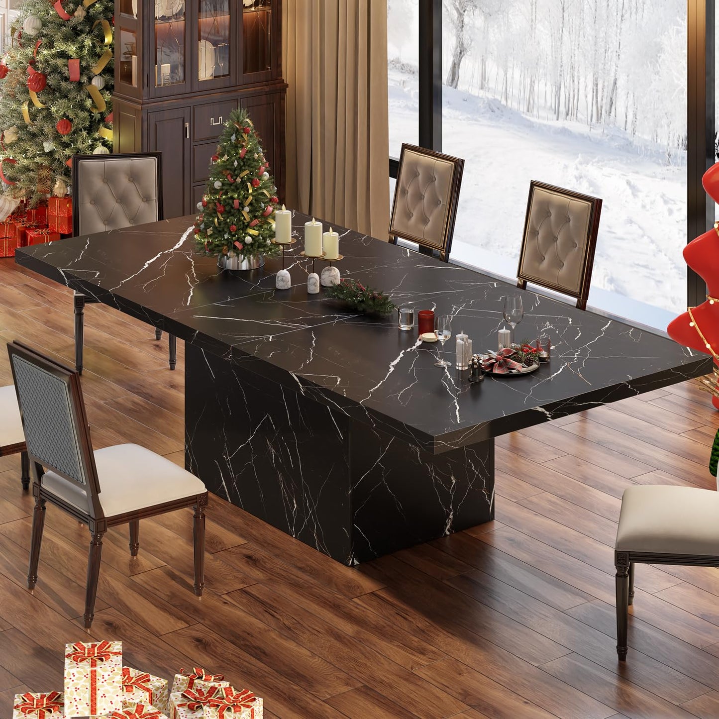 HSH Dining Table Modern Rectangle Kitchen Dinner Table 180cm Black Marble