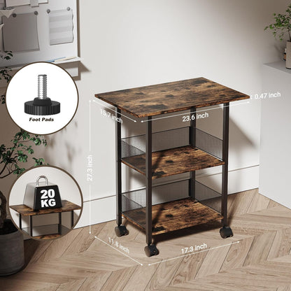 BOHDK Printer Stand, 3-Tier Industrial Large Printer Table with Shelf, 23"x15" Mobile Heavy Duty Storage Rack on Wheels for Home Office Printer Fax