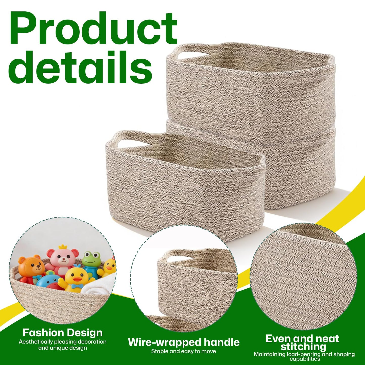 YMTWSRY 3 Pack Cotton Rope Basket, 32.5 x 22.5 x 14 cm Storage Baskets for Shelves Decorative Woven Basket Shelf Baskets for Gifts Towels Books