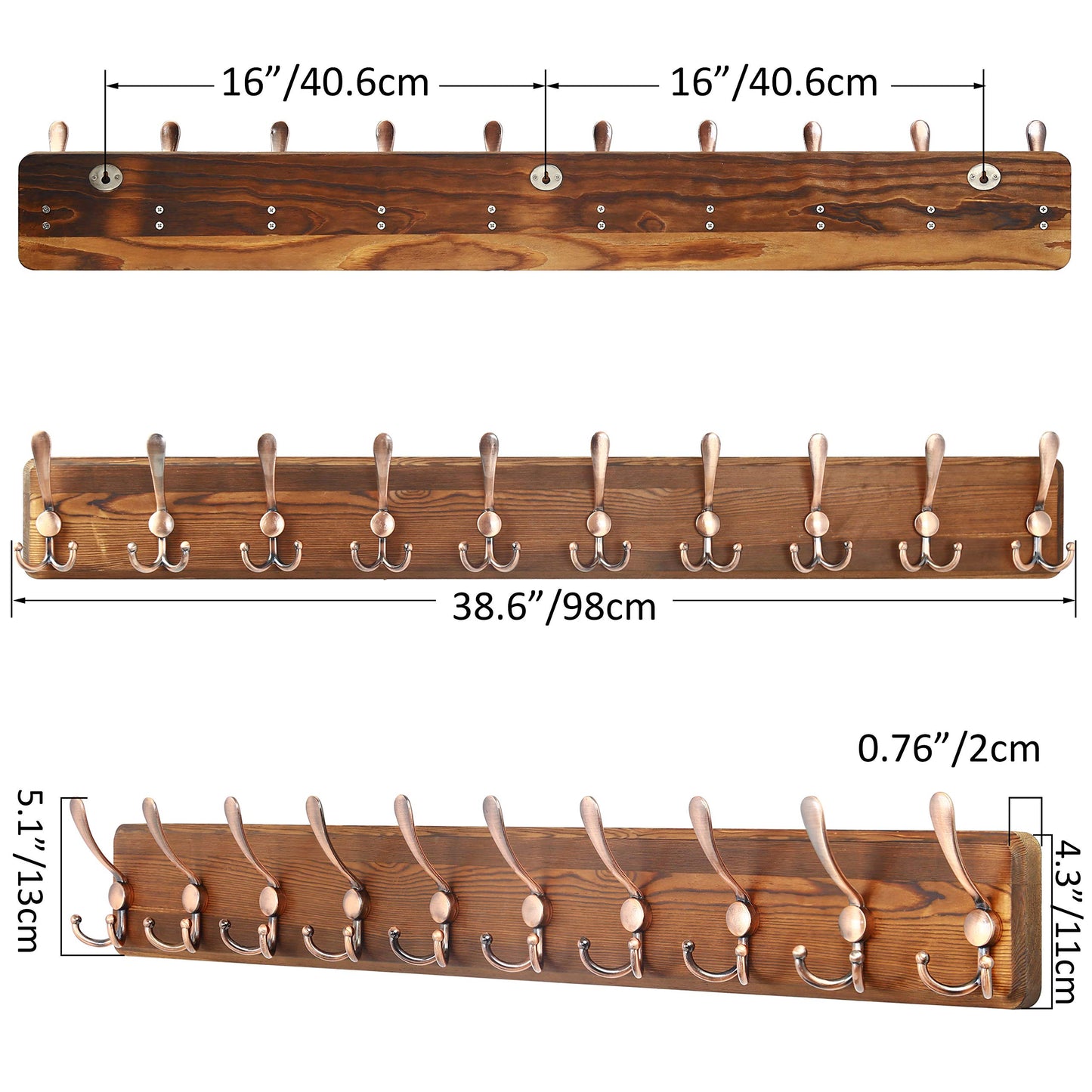 SKOLOO Coat Rack Wall Mounted - 38.3'' Long, Wooden, Heavy Duty, Rustic Coat Hooks for Wall, Wall Coat Rack with 10 Triple Hooks for Hanging Clothes