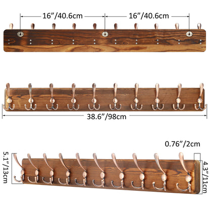 SKOLOO Coat Rack Wall Mounted - 38.3'' Long, Wooden, Heavy Duty, Rustic Coat Hooks for Wall, Wall Coat Rack with 10 Triple Hooks for Hanging Clothes