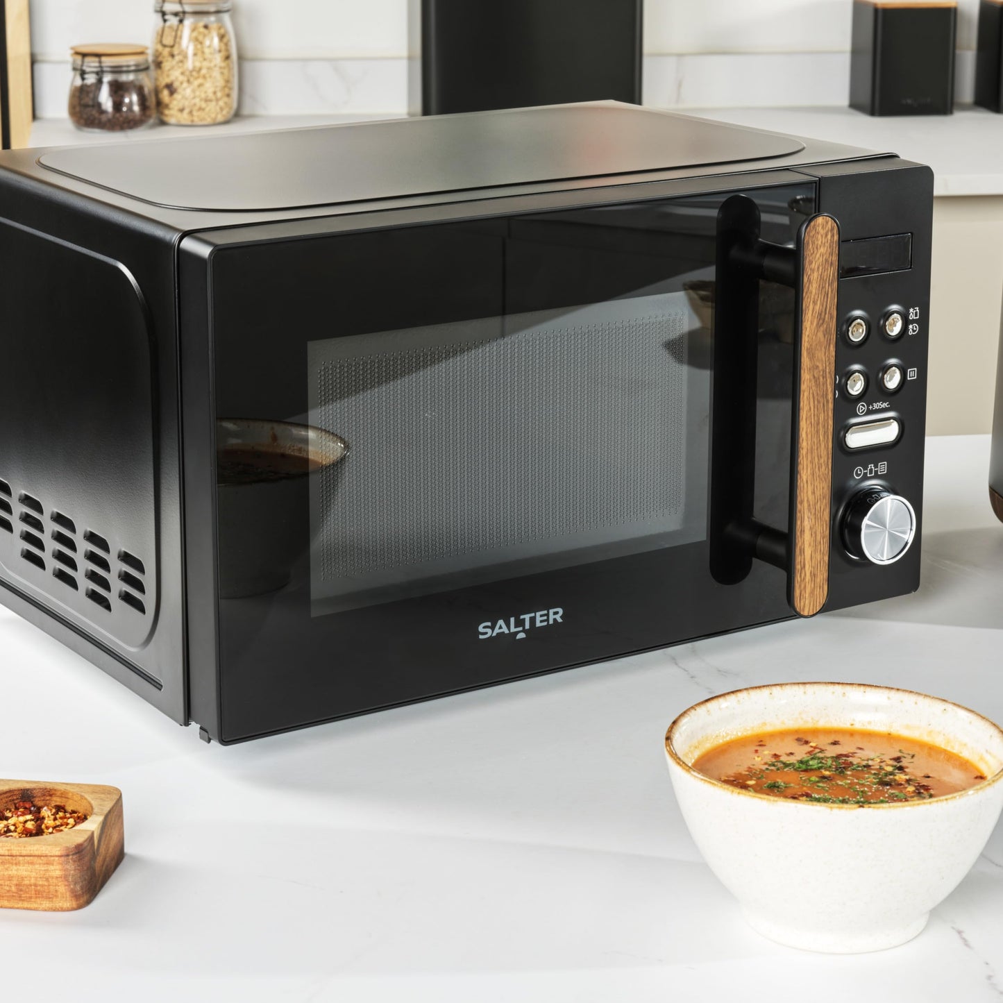 Salter EK5932BLK Toronto 20L Digital Microwave  95-Minute Timer, Defrost, 25.5cm Glass Turntable, 8 Auto-Function Presets, LED Display, Wood-Effect