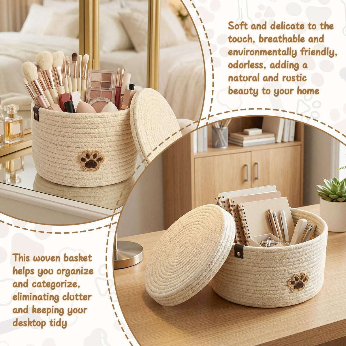 YancLife Storage Basket with Lid, Round Cotton Rope Woven Baskets, Stuffed Animal Toys Organizer for Nursery
