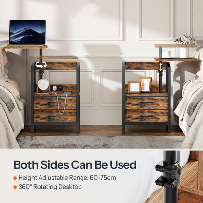 HOOBRO Bedside Table with Charging Station, Swivel Lift Top Nightstand, Height Adjustable, Side Table with 2 Drawers and Tablet Slot