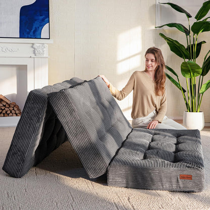 MAXYOYO Folding Mattress, Comfy Corduroy Foldable Mattress with 15cm Thicken Foam, Tri-Fold Floor Futon Sofa Bed for Guest,Dark gray,Double