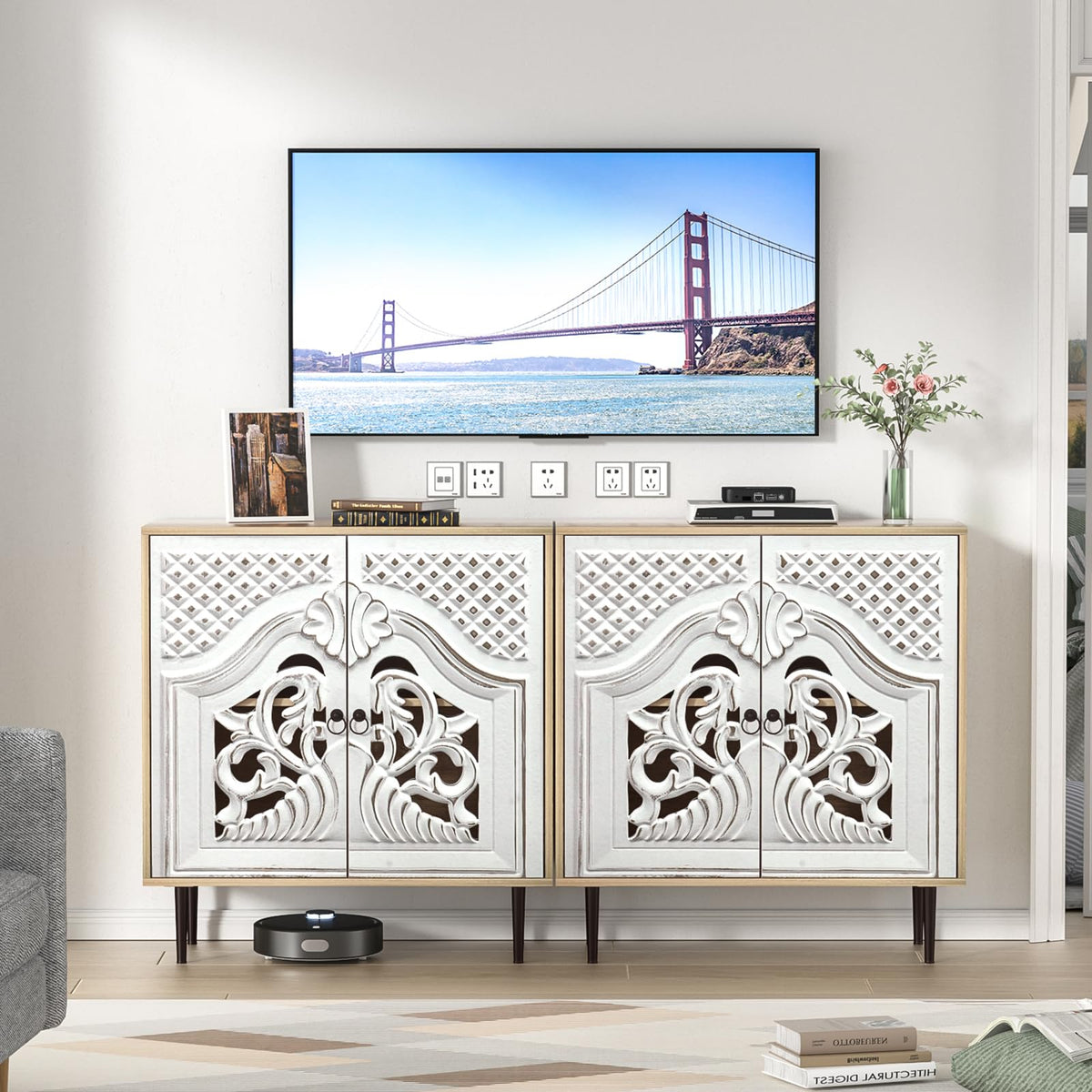 Skokliz Sideboard, Kitchen Sideboard with 2 Doors, Carved Kitchen Cabinet with Adjustable Shelves, Buffet Cabinet for Living Room, Dining Room