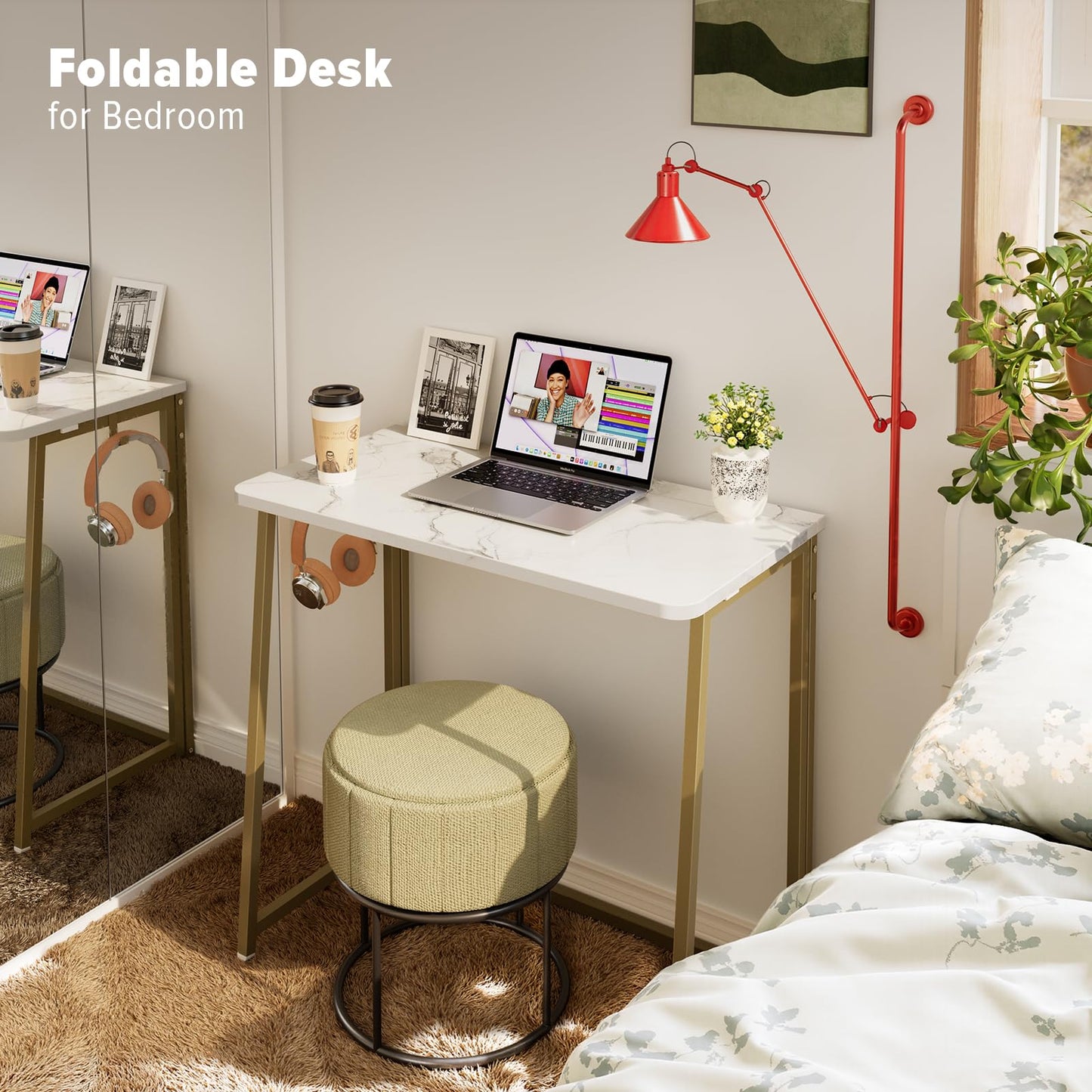 WOHOMO White Faux Marble Folding Desk, 80cm Office Table with Gold Legs