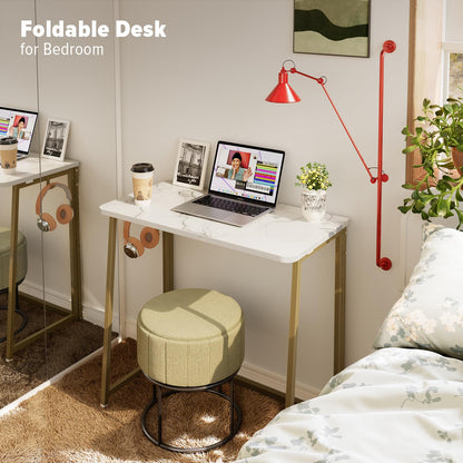 WOHOMO White Faux Marble Folding Desk, 80cm Office Table with Gold Legs