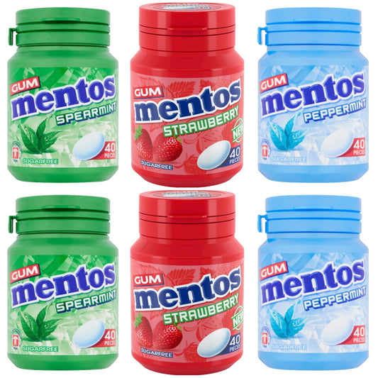 Mentos Sugar Free Chewing Gum 6 Pot Set Bundle 2 x NEW Strawberry, 2 x Spearmint, 2 x Peppermint, 40 pieces per tub Great Chewy Selection