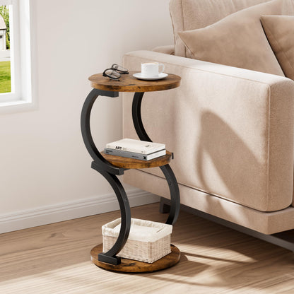 JUSTOGO Round Side Table, S-shaped 3-Tier Coffee Table, Small Table, Wood, Metal Bedside Table for Living Room, Bedroom