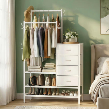 Feonase 3 in 1 Chest of Drawers Bedroom, Including 4 Fabric Drawers, with a 2 Coat Rail and 5 Coat Hooks