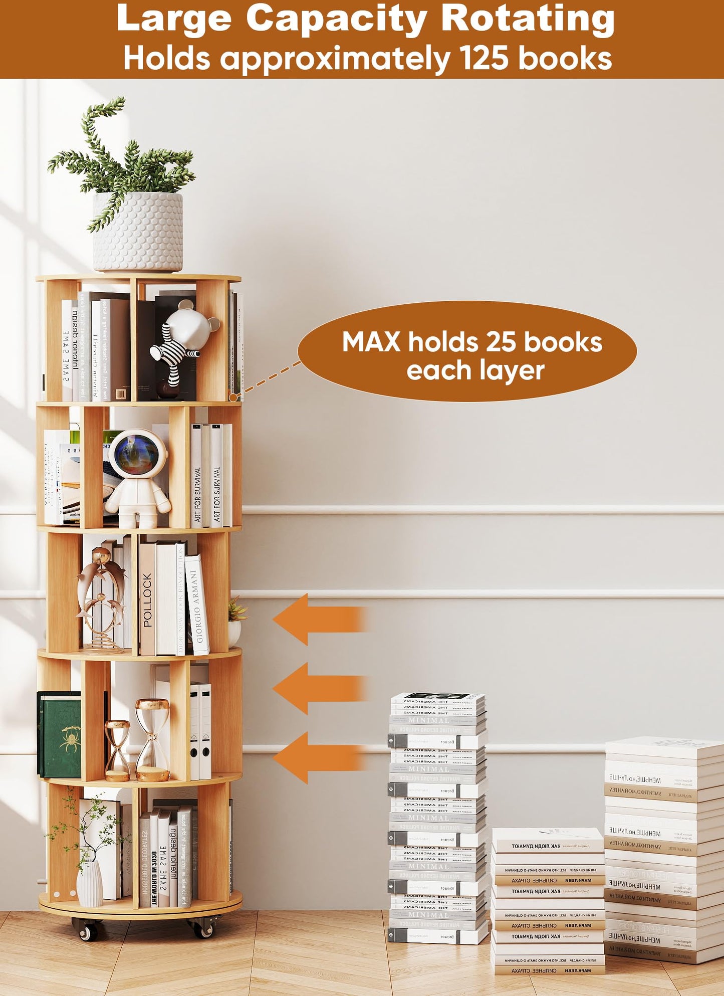 Suuiwau 5 Tier Rotating Bookshelf, 360° Revolving Bookcase with Wheels