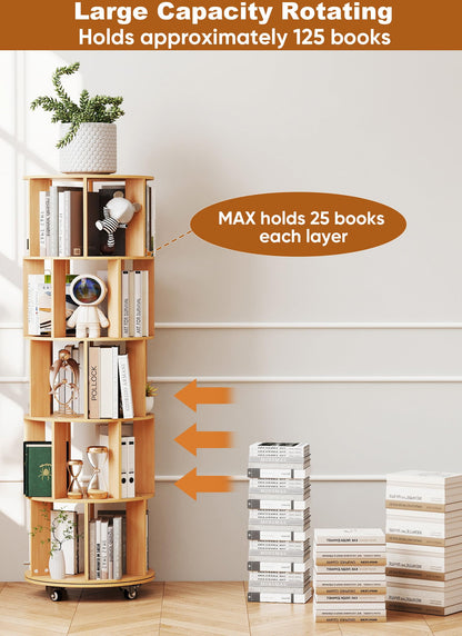 Suuiwau 5 Tier Rotating Bookshelf, 360° Revolving Bookcase with Wheels