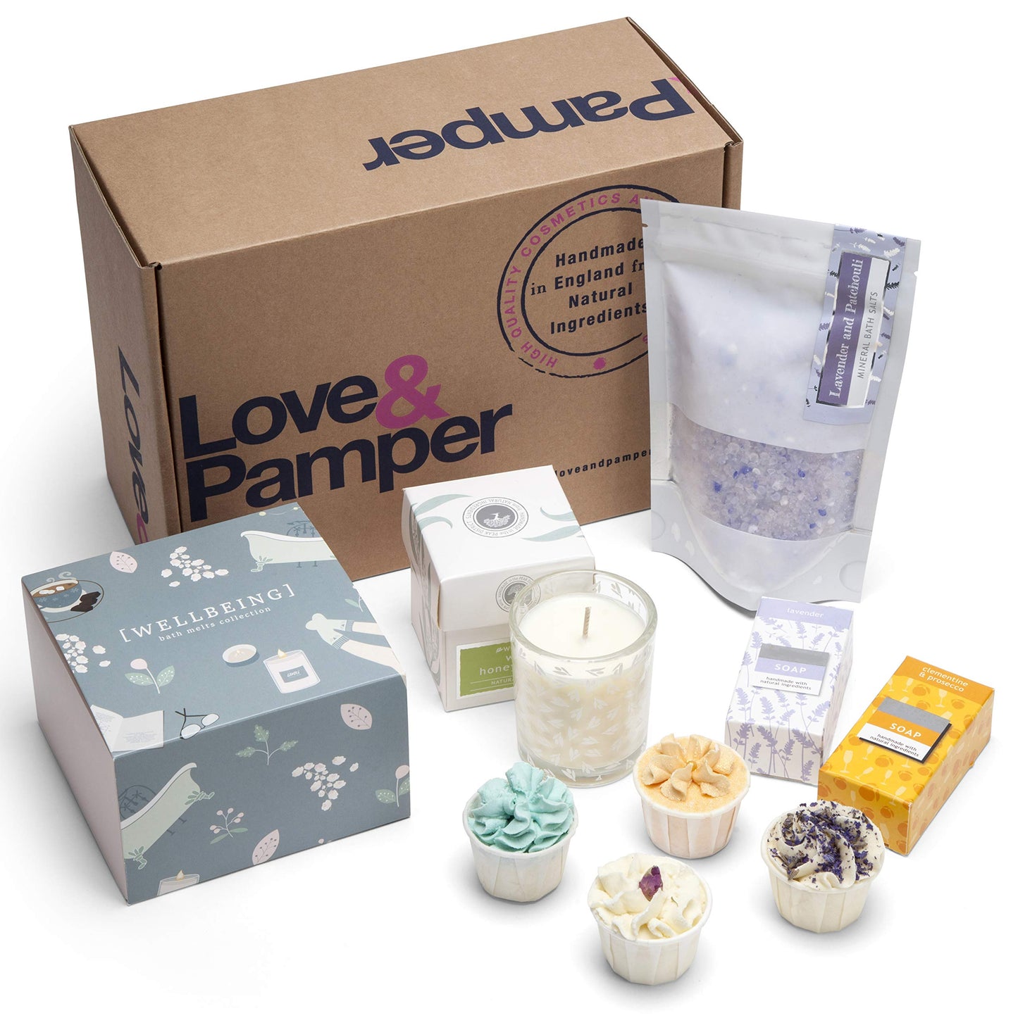 Love & Pamper - Hand Made Relaxation Pamper Wellbeing Gift Set, 4 Relaxation Bath Melts, Dead Sea Bath Salts, Lavender/Patchouli, Soy Wax Candle, Wild