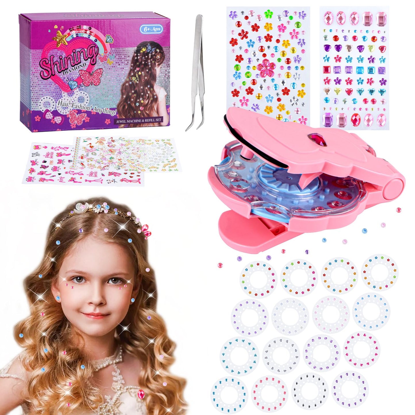 SEMKOTREE Hair Gems, Hair Bedazzler Kit Gem Stamper with 420 Diamonds, Glitter Jewels Machine, Girls Toys Charms Girls Accessories