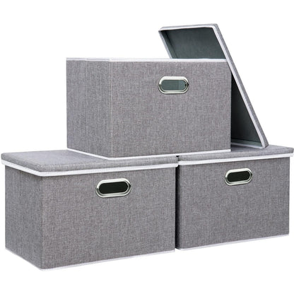 Yawinhe Large Storage Box with Lid 3 Pack, Collapsible Cubes Baskets, for Cupboards, Wardrobe, Shelves, 44x30x30cm, Grey, SNK023GX-3