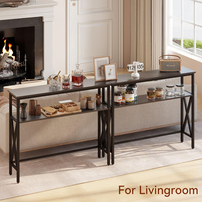 YMYNY Console Table Narrow Sofa Table with Shelves Black HST007B