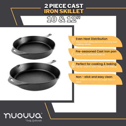 nuovva 2pcs Cast Iron Skillet Set  Pre Seasoned Skillet Frying Pan  Oven Safe Grill Cookware Set for Outdoor & Indoor Use  (Chef Set 10-inch 25cm