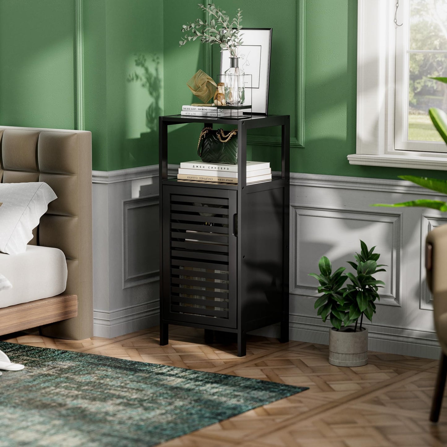 HITNET Bamboo Floor Cabinet, Small Bathroom Cabinet Floor Standing, 4 Tier Narrow Side Storage Cabinet, Space Saving Kitchen Cupboard with Single