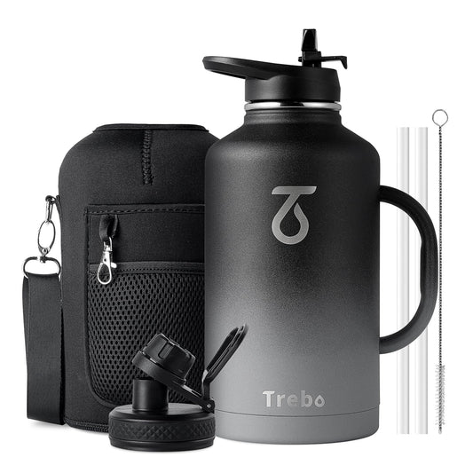 Trebo Insulated Water Bottle 2L, Stainless Steel Water Bottle 2L Metal Bottle with Handle Metal Large Jug Travel Flask with Straw Spout Lid Mug